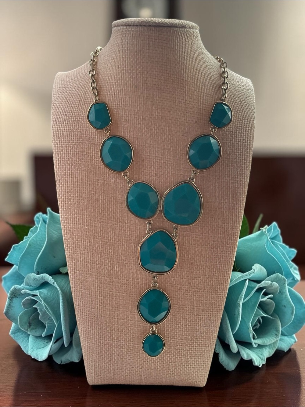 Gold Tone Faux Turquoise Y Statement Necklace